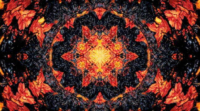 A vibrant, symmetrical kaleidoscope of fiery orange and deep blue hues forms a mesmerizing floral mandala with intricate, mirrored patterns radiating from its center.