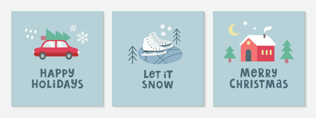 A set of square greeting cards for Christmas and New Year. Cute simple flat images of a house, Christmas tree, car and lettering. Vector illustration