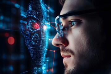 man using facial recognition AI interface for access, digital security context
