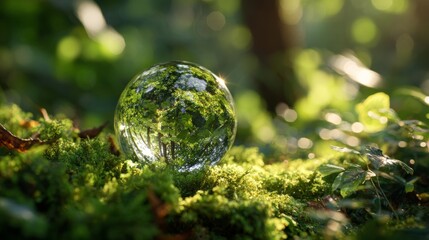 crystal-clear globe placed on moss-covered soil