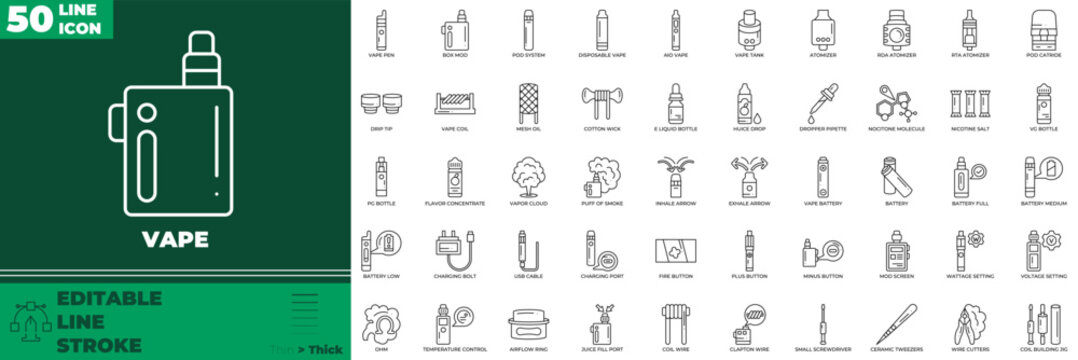 Vape Line Editable Icons set. Vector illustration in modern thin line style of vape icons: electronic, cigarette, liquid, etc