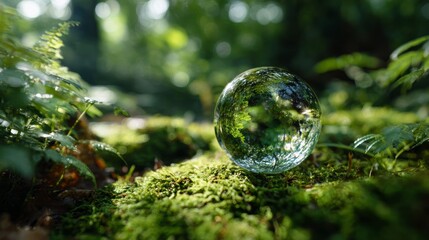 crystal-clear globe placed on moss-covered soil