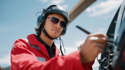 Mechanic performing pre-flight inspection on a helicopter, checking rotor blades, hydraulics, and instruments, symbolizing aviation versatility, technical knowledge, and operational safety.