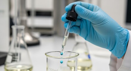 Fototapeta premium Closeup of a gloved hand holding a dropper with liquid over a beaker in a laboratory setting, scientific research concept.jpeg