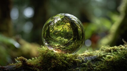 crystal-clear globe placed on moss-covered soil