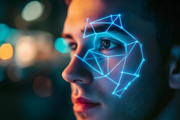 man using facial recognition AI interface for access, digital security context
