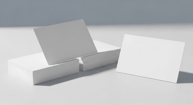 Stack of white textured business cards with one card standing upright, next to a single blank white card on a clean white surface, minimalist presentation.jpeg - Powered by Adobe