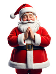 Santa claus in red suit with hands clasped eyes closed and white beard on a transparent background image