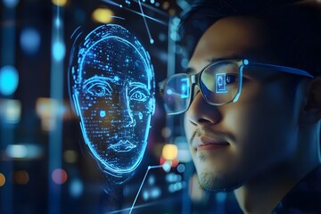 man using facial recognition AI interface for access, digital security context
