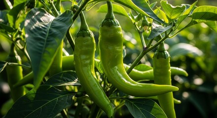 Closeup of green chili peppers growing on a plant, showing their vibrant color and texture in natural sunlight, ideal for food and culinary themes.jpeg