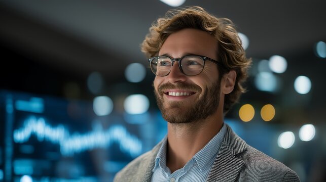 Entrepreneur smiling with excitement while reviewing holographic projections of neighborhood property appreciation, symbolizing smart portfolio management, data-driven real estate growth, and