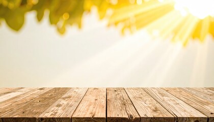 Wooden Table Sunlight Background Golden Rays Beams