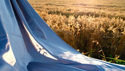 Blue Satin Fabric Draped in a Golden Wheat Field at Sunset