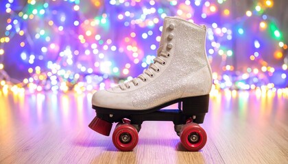 Silver Glitter Roller Skate with Red Wheels Against Disco Lights