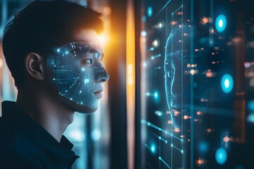 man using facial recognition AI interface for access, digital security context
