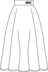 CAD drawing flat vector illustration, high waist A‑line skirt fashion design, sewing pattern template, garment technical sketch, apparel outline vector