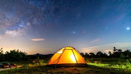 Illuminated Camping Tent Under a Starry Night Sky