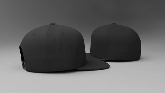 Two plain black snapback hats are displayed on a neutral grey background