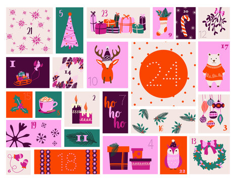Calendrier de l'Avent pour d&eacute;cembre, compte &agrave; rebours avant les f&ecirc;tes. Affiche Joyeux No&euml;l, mod&egrave;le imprimable avec &eacute;l&eacute;ments de No&euml;l dans un style moderne et couleurs pop