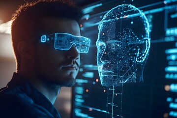 man using facial recognition AI interface for access, digital security context
