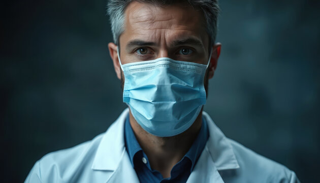 Close up serious portrait of male doctor medic. Medical worker with gray hair wears blue protective face mask, white lab coat uniform. Healthcare professional looks directly. Medic focused, ready to