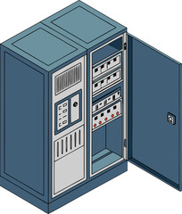 Industrial engineer maintaining a programmable logic controller cabinet in a modern automated factory, isometric isolated vector.