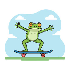 Cute Frog Riding Skateboard Cartoon Illustration