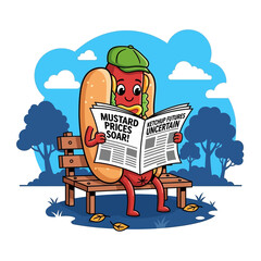 Hot Dog Character Reading Newspaper on Park Bench Illustration