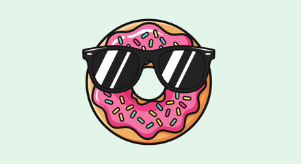 Pink Frosted Donut with Black Sunglasses Cool Food Illustration