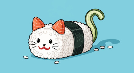 Cute Sushi Cat Character with Salmon and Nori Illustration