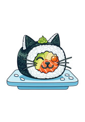 Sushi Roll Cat Face with Salmon and Wasabi Illustration