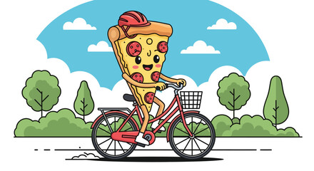 Cute Pizza Slice Riding Bicycle Cartoon Illustration