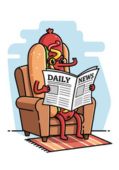 Funny Hot Dog Character Reading Newspaper Illustration