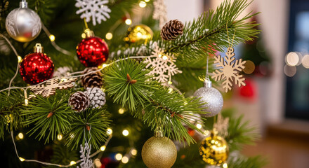 Fototapeta premium Decorated christmas tree with ornaments, snowflakes, and pine cones indoors