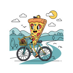 Happy Pizza Slice Riding Bicycle Cartoon Illustration