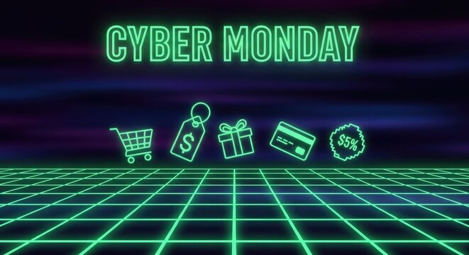 Cyber Monday Neon Grid with Shopping Icons online e-commerce