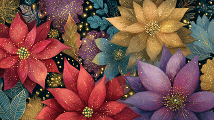 Glittering poinsettia and foliage bouquet artwork creating a festive holiday background