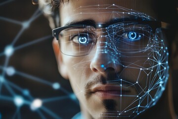 man using facial recognition AI interface for access, digital security context
