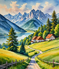 Mountain landscape in oil paint. Pattern for printing on wall decorations, covers, wallpapers
