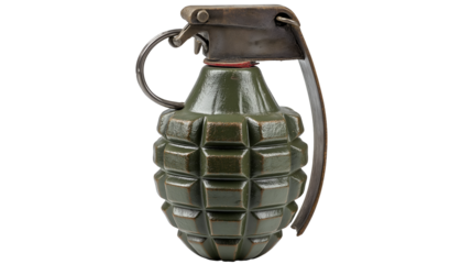 A close up view of a green hand grenade with a silver pin on a black background in a studio shot