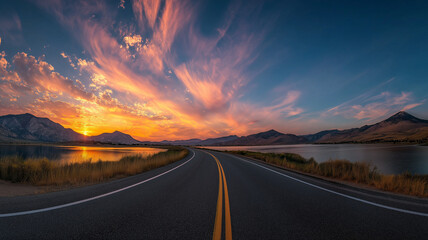 Curving road leading to a vibrant sunset over a tranquil lake and mountains