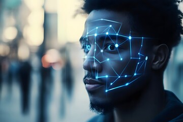 man using facial recognition AI interface for access, digital security context
