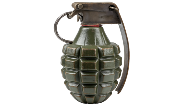 A close up view of a green hand grenade with a silver pin on a black background in a studio shot