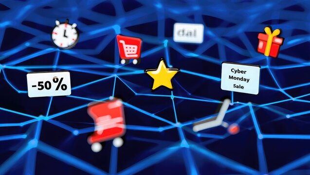 Cyber Monday sale icons on a digital network background