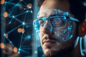 man using facial recognition AI interface for access, digital security context
