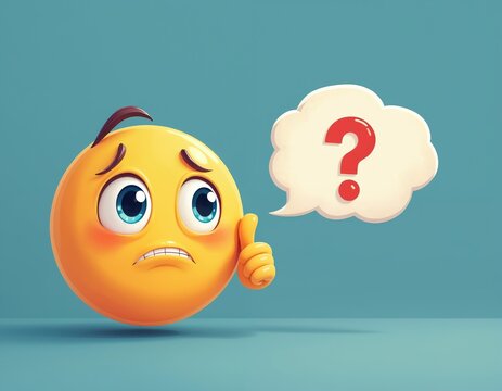 Puzzled face emoticon with question mark in speech bubble. Confused emoji character seeks answers. Idea for FAQs educational content. Doubts uncertainty dilemma needing solution decision help.