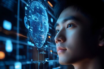 man using facial recognition AI interface for access, digital security context
