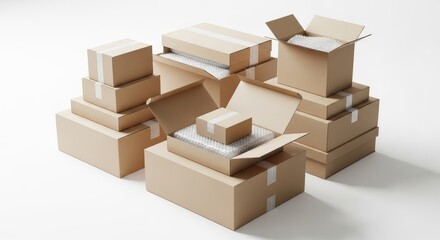 Assorted cardboard boxes stacked on a white surface in a studio shot