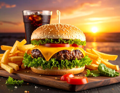 Burger cheese and french fries with soft drinks