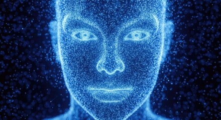 Abstract digital face formed from blue particles against a dark background